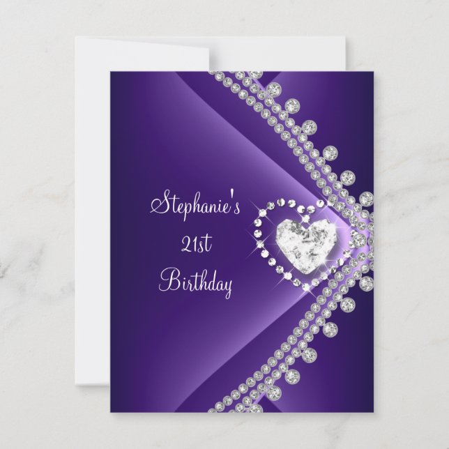 Invitation 21e Anniversaire Fête de Coeur Violet Diamant Bijo (Devant)