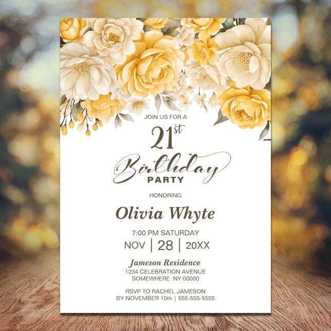 Invitation 21e anniversaire Fête Florale de Rose Jaune (Créateur téléchargé)