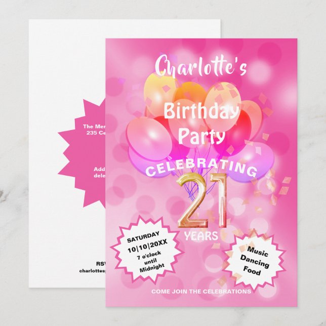 Invitation 21e Anniversaire Fête Glam Sparkle Glitzy Invitati (Devant / Derrière)