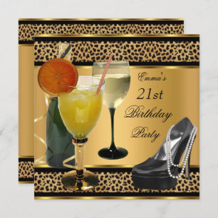 Invitation 21e Anniversaire Fête Leopard Boissons Chaussure