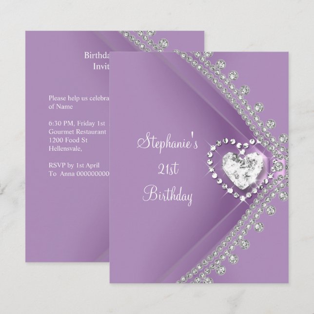 Invitation 21e Anniversaire Fête Lilac Heart Diamond Jewel (Devant / Derrière)