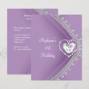 Invitation 21e Anniversaire Fête Lilac Heart Diamond Jewel