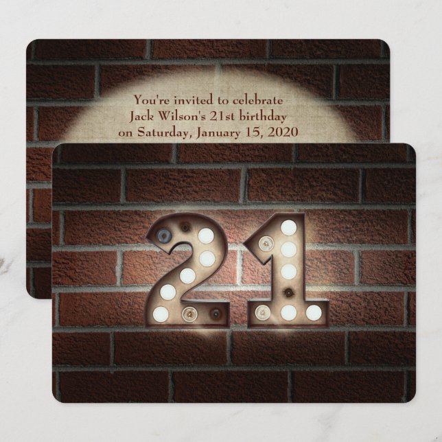 Invitation 21e anniversaire Fête-marquee lumières sur brique (Devant / Derrière)