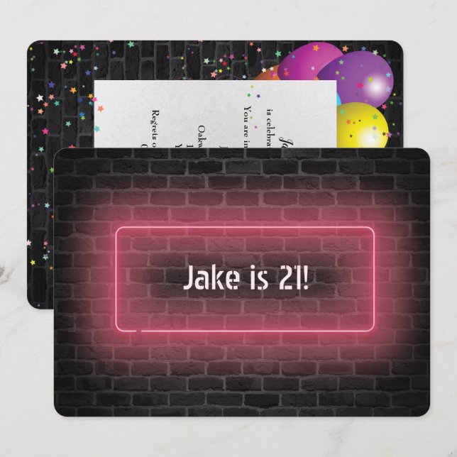 Invitation 21e Anniversaire Fête néon signe sur le mur (Devant / Derrière)