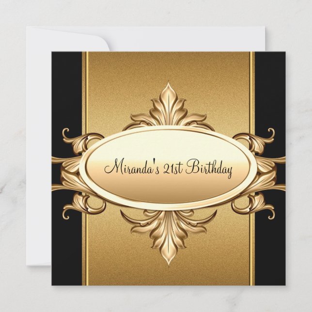 Invitation 21e Anniversaire Fête Noir Bronze Or (Devant)