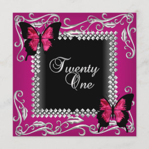 Invitation 21e Anniversaire Fête Pink Black Papillons Argent