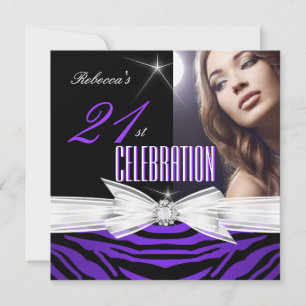 Invitation 21e Anniversaire Fête Purple 21 Zebra Photo 2