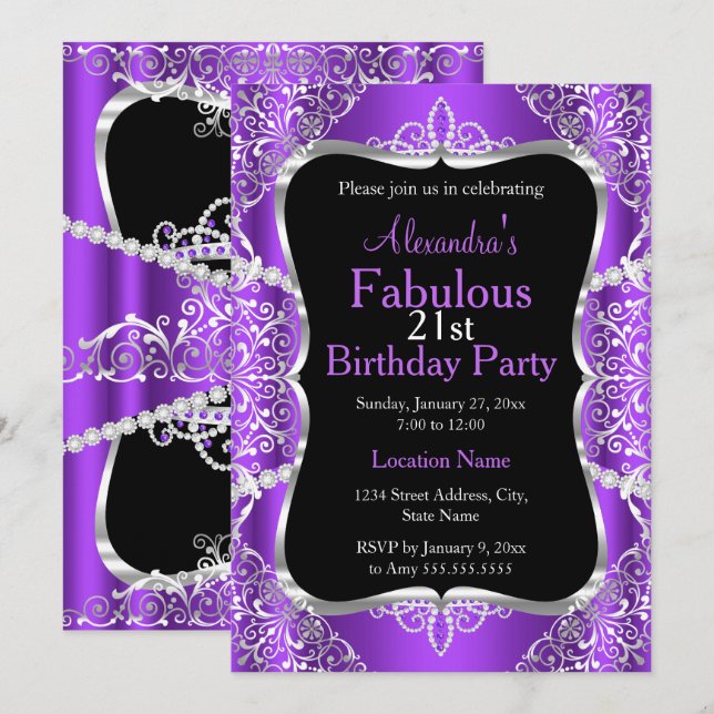 Invitation 21e Anniversaire Fête Purple Silver Black Invitati (Devant / Derrière)