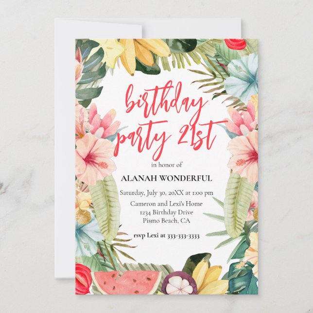 Invitation 21e anniversaire fête Tropical Floral Aquarelle (Devant)