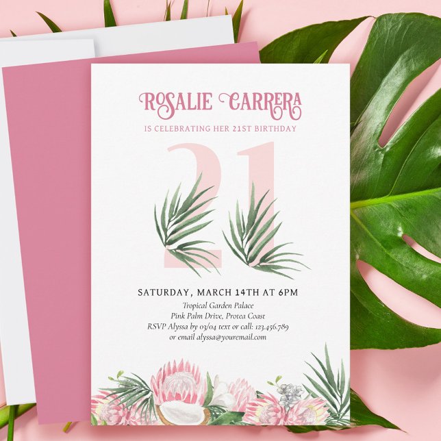 Invitation 21e Anniversaire Fête Tropical Pink Protea Numéro  (Créateur téléchargé)