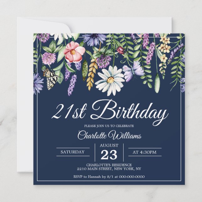 Invitation 21e anniversaire Fleur sauvage Marine Bleue Femme  (Devant)