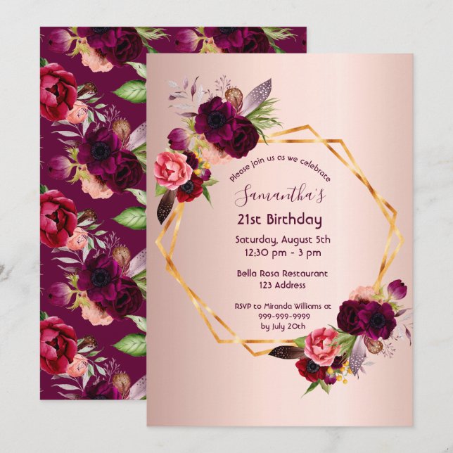 Invitation 21e anniversaire flores bordeaux rose or géométriq (Devant / Derrière)