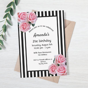 Invitation 21e anniversaire flores roses sur bandes blanches 