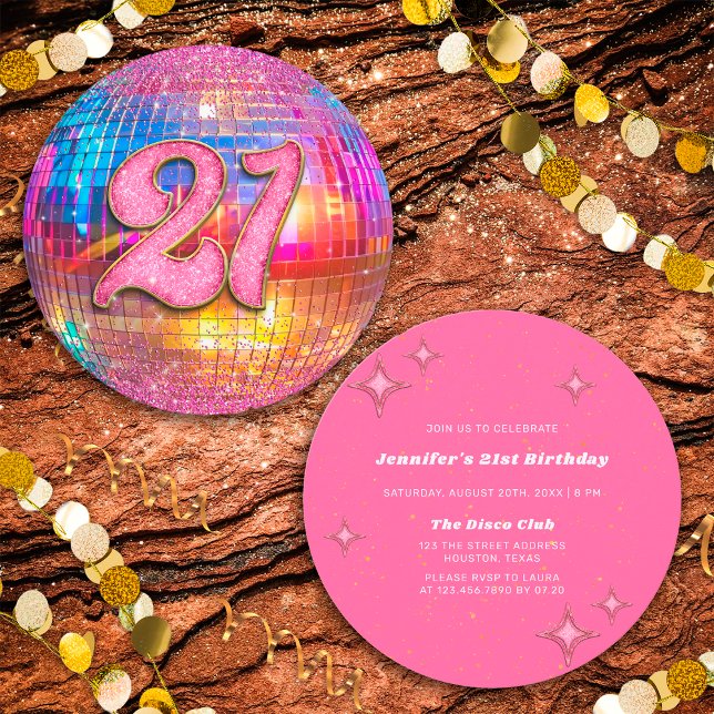 Invitation 21e Anniversaire Gold Pink Parties scintillant Dis (Front/Back)