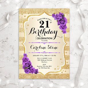 Invitation 21e anniversaire - Gold Stripes Purple Roses