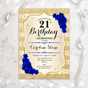 Invitation 21e anniversaire - Gold Stripes Royal Blue Roses