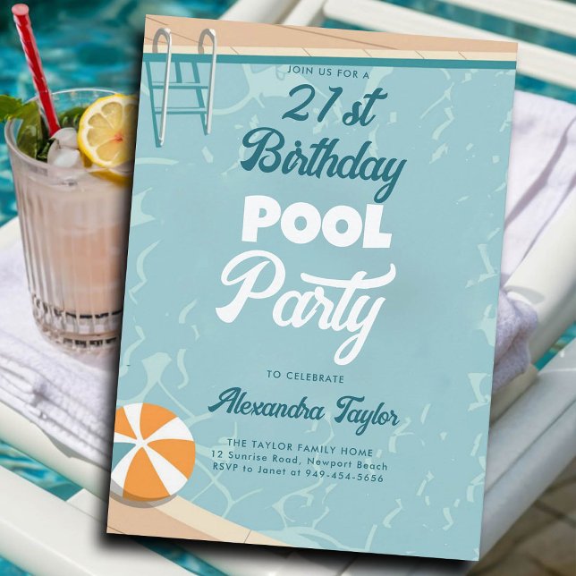 Invitation 21e anniversaire Idées de la fête de la piscine d' (21st birthday party ideas summer pool party backyard outdoors invitations templates personalized)