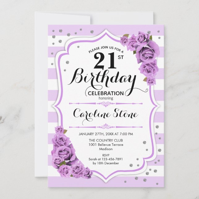 Invitation 21e anniversaire - Lavande Blanc Fleurs pourpres (Devant)