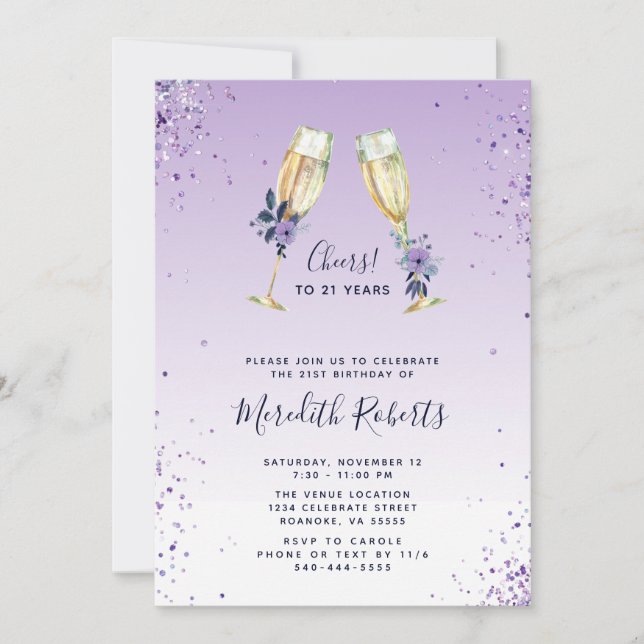 Invitation 21e Anniversaire Lavender Ombre Champagne Toast Pa (Devant)