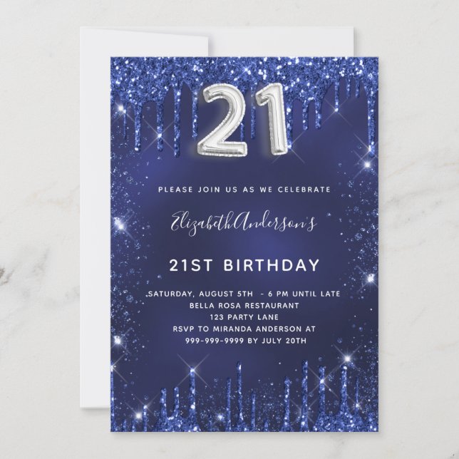 Invitation 21e anniversaire marine bleu argent parties scinti (Devant)