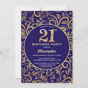 Invitation 21e Anniversaire Marine Bleu et Or Flore Modèle