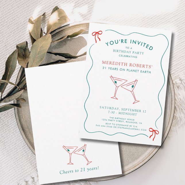 Invitation 21e Anniversaire Martini lunettes Cheers (Martini Toast Cheers to 21 Years Birthday Party Invitation)