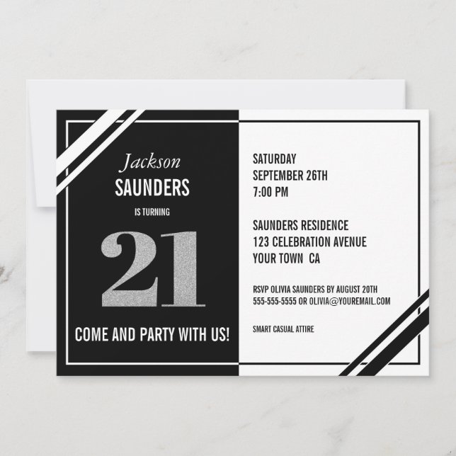 Invitation 21e anniversaire moderne Black and White Party (Devant)