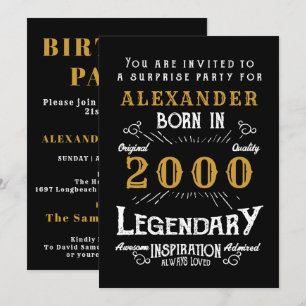 Invitation 21e Anniversaire Né 2000 Black Gold Retro Vintage