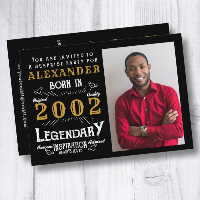 Invitation 21e anniversaire Né 2002 Black Gold Retro Photo (Créateur téléchargé)