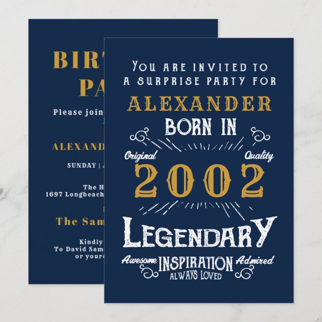 Invitation 21e anniversaire Né 2002 Blue Gold Retro Legend (Devant / Derrière)