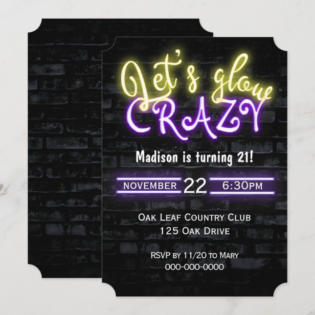 Invitation 21e anniversaire Neon Llow Sign on Brick Wall (Devant / Derrière)