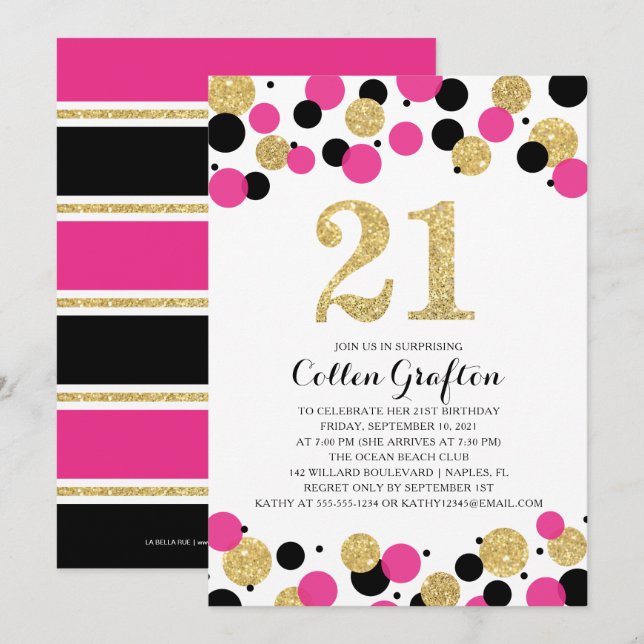 Invitation 21e anniversaire Noir Hot Pink Gold Parties scinti (Devant / Derrière)
