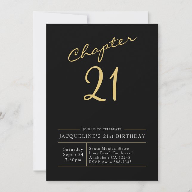 Invitation 21e Anniversaire Or Script moderne Noir (Devant)