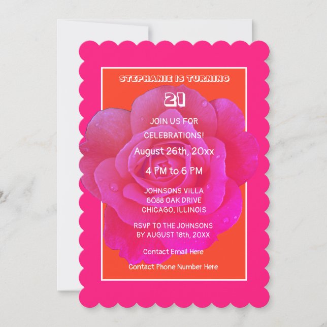 Invitation 21e anniversaire Orange Rose rose Floral Cool mode (Devant)