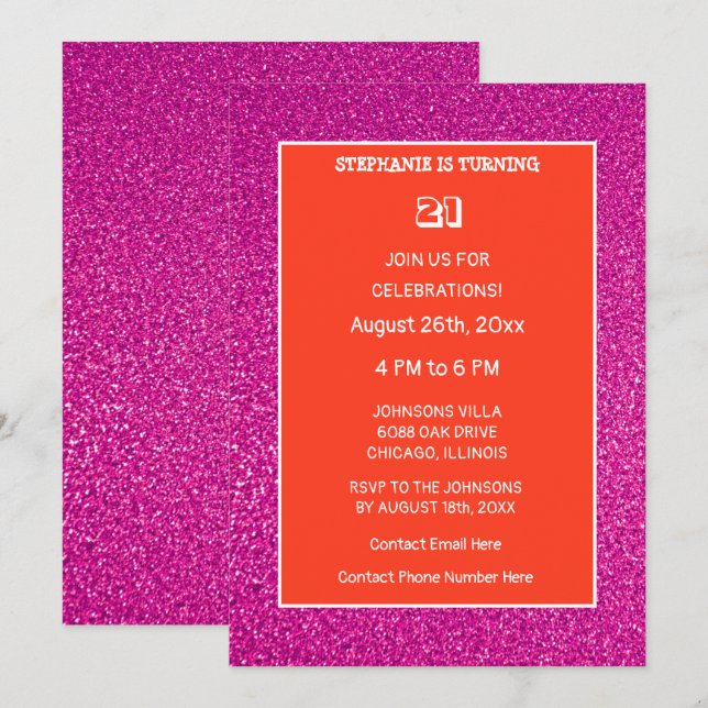 Invitation 21e anniversaire Orange Rose Rose Parties scintill (Devant / Derrière)