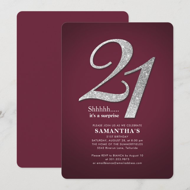 Invitation 21e anniversaire Parties scintillant de fête Bourg (Devant / Derrière)