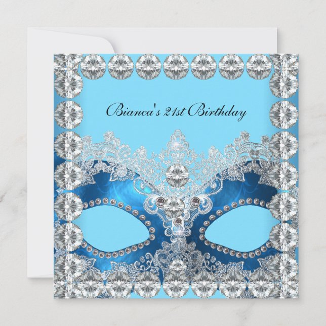 Invitation 21e Anniversaire Party Blue White Diamonds Mask (Devant)