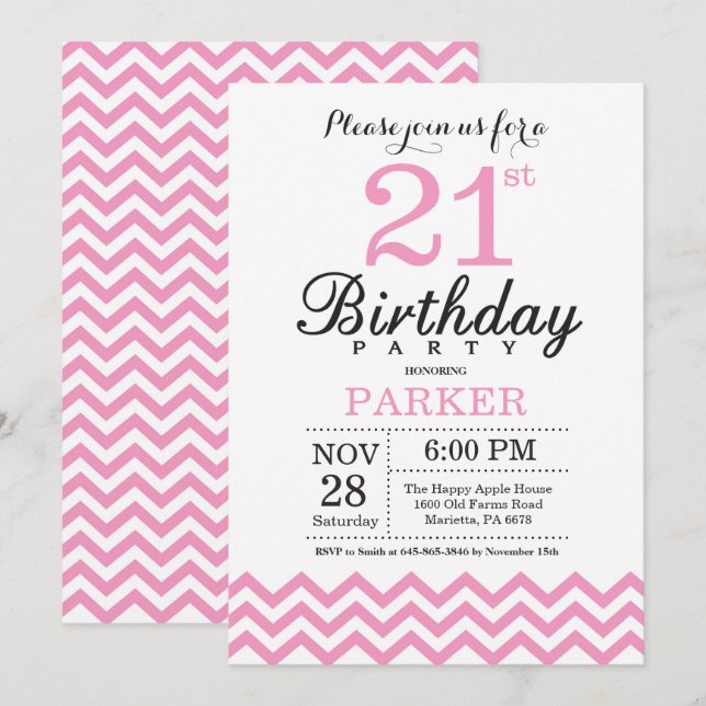 Invitation 21e anniversaire Pink Chevron (Devant / Derrière)