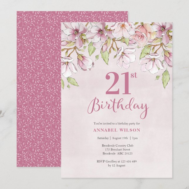 Invitation 21e anniversaire Pink Floral (Devant / Derrière)