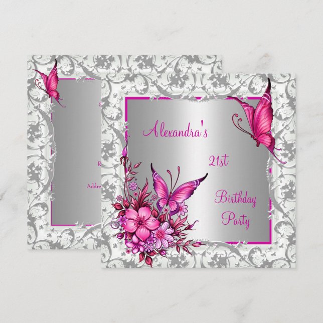 Invitation 21e anniversaire Pink Floral Papillon Argent Blanc (Devant / Derrière)