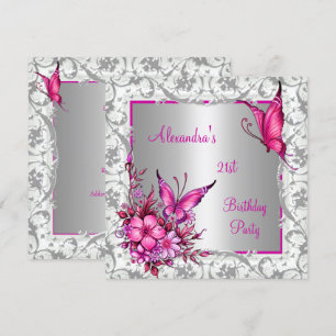Invitation 21e anniversaire Pink Floral Papillon Argent Blanc