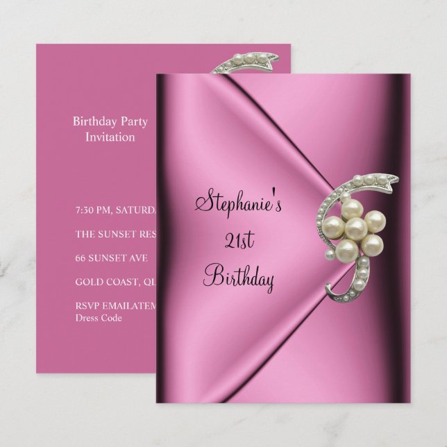 Invitation 21e anniversaire Pink Soie Pearl Bijou Dame fille (Devant / Derrière)