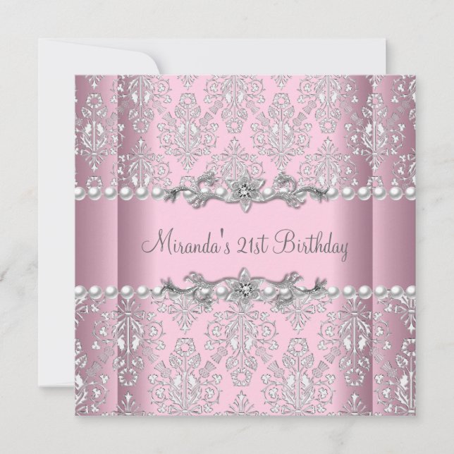 Invitation 21e Anniversaire Pink White Pearl Silver Lace (Devant)