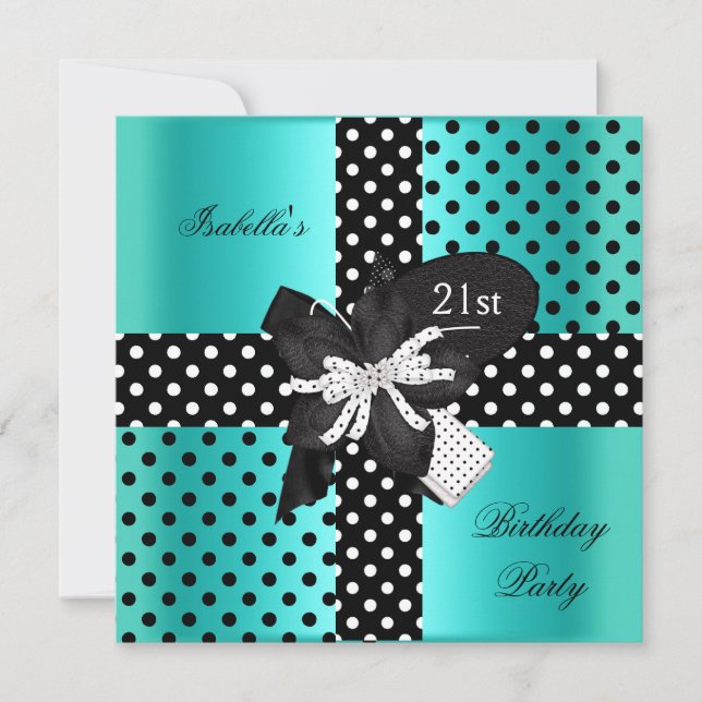 Invitation 21e Anniversaire Polka Dot Turquoise Noir Blanc (Devant)