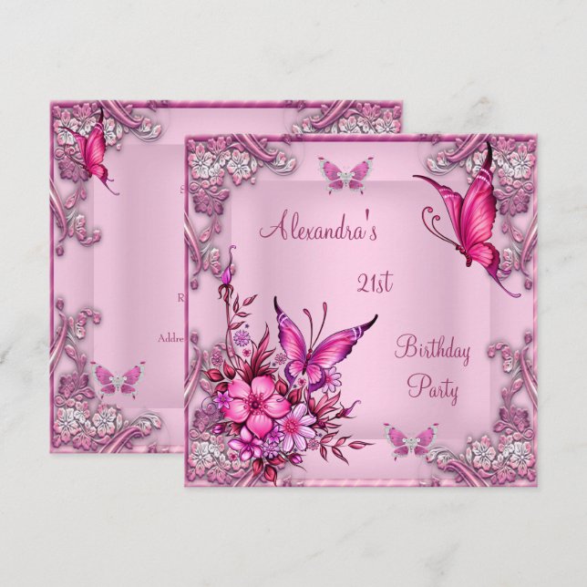 Invitation 21e anniversaire Pretty rose papillon floral Argen (Devant / Derrière)