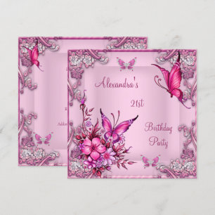 Invitation 21e anniversaire Pretty rose papillon floral Argen