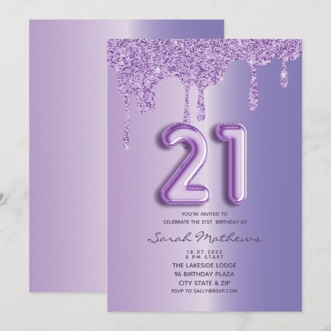 Invitation 21e anniversaire Purple Parties scintillant Drips  (Devant / Derrière)