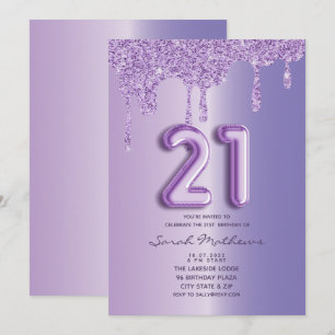Invitation 21e anniversaire Purple Parties scintillant Drips 
