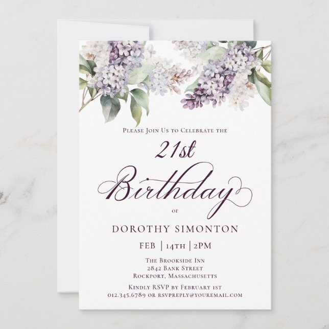 Invitation 21e anniversaire Purple Spring Lilac Fleur (Devant)