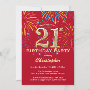 Invitation 21e anniversaire Red and Gold Rainbow Fireworks
